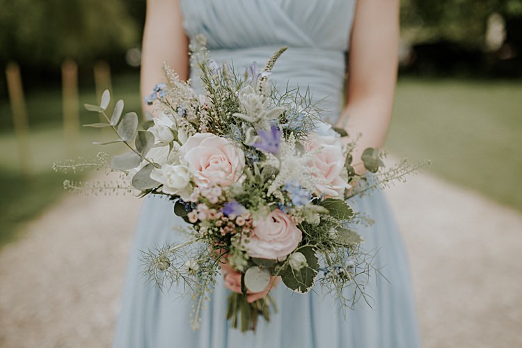 Pink Rose Foliage Bouquet Flowers Bridesmaids Pretty Pale Blue Gold Fairy Lit Barn Wedding http://lolarosephotography.com/
