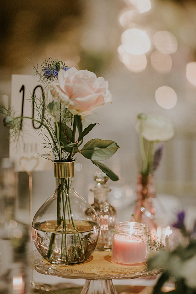 Vase Votives Centrepiece Decor Flowers Pink Candles Pretty Pale Blue Gold Fairy Lit Barn Wedding http://lolarosephotography.com/