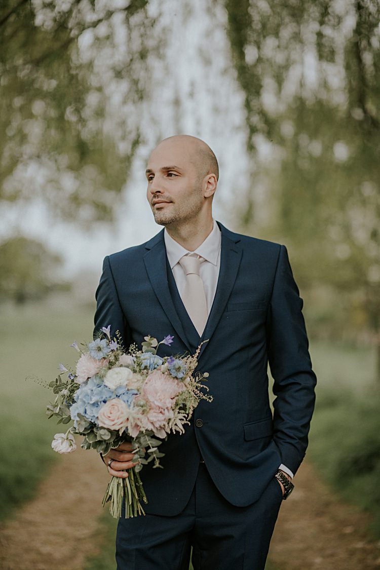 Moss Bros Ted Baker Suit Groom Blush Tie Pretty Pale Blue Gold Fairy Lit Barn Wedding http://lolarosephotography.com/ 