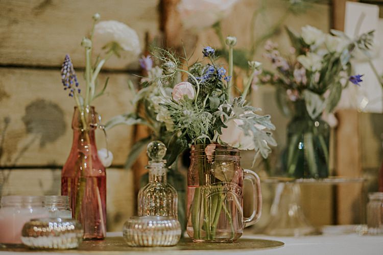 Vase Votives Centrepiece Decor Flowers Pink Candles Pretty Pale Blue Gold Fairy Lit Barn Wedding http://lolarosephotography.com/