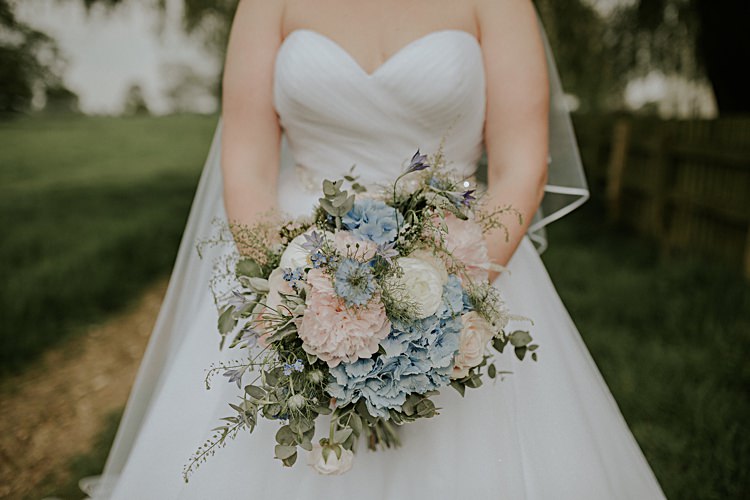 Bouquet Pastel Pink Peony Hydrangea Flowers Bride Bridal Rose Spring Pretty Pale Blue Gold Fairy Lit Barn Wedding http://lolarosephotography.com/