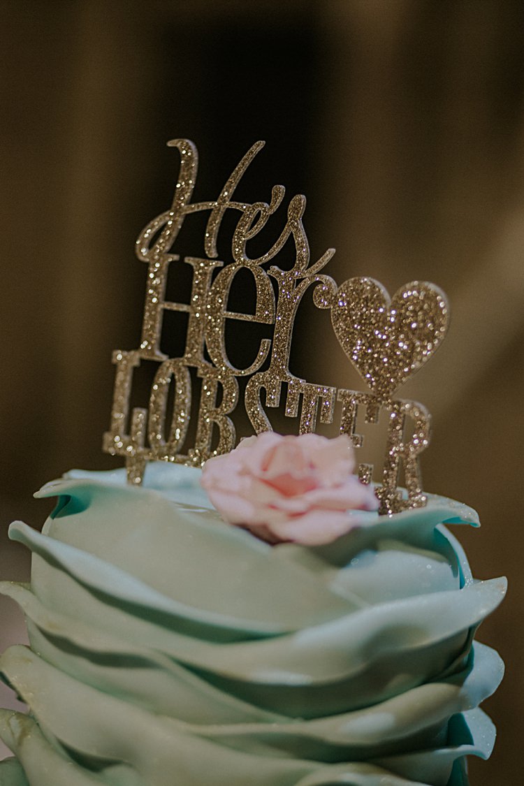 Glitter Cake Topper He's Her Lobster Pretty Pale Blue Gold Fairy Lit Barn Wedding http://lolarosephotography.com/