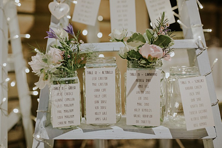 Ladder Jars Fairy Lights Flowers Decor Seating Table Plan Pretty Pale Blue Gold Fairy Lit Barn Wedding http://lolarosephotography.com/