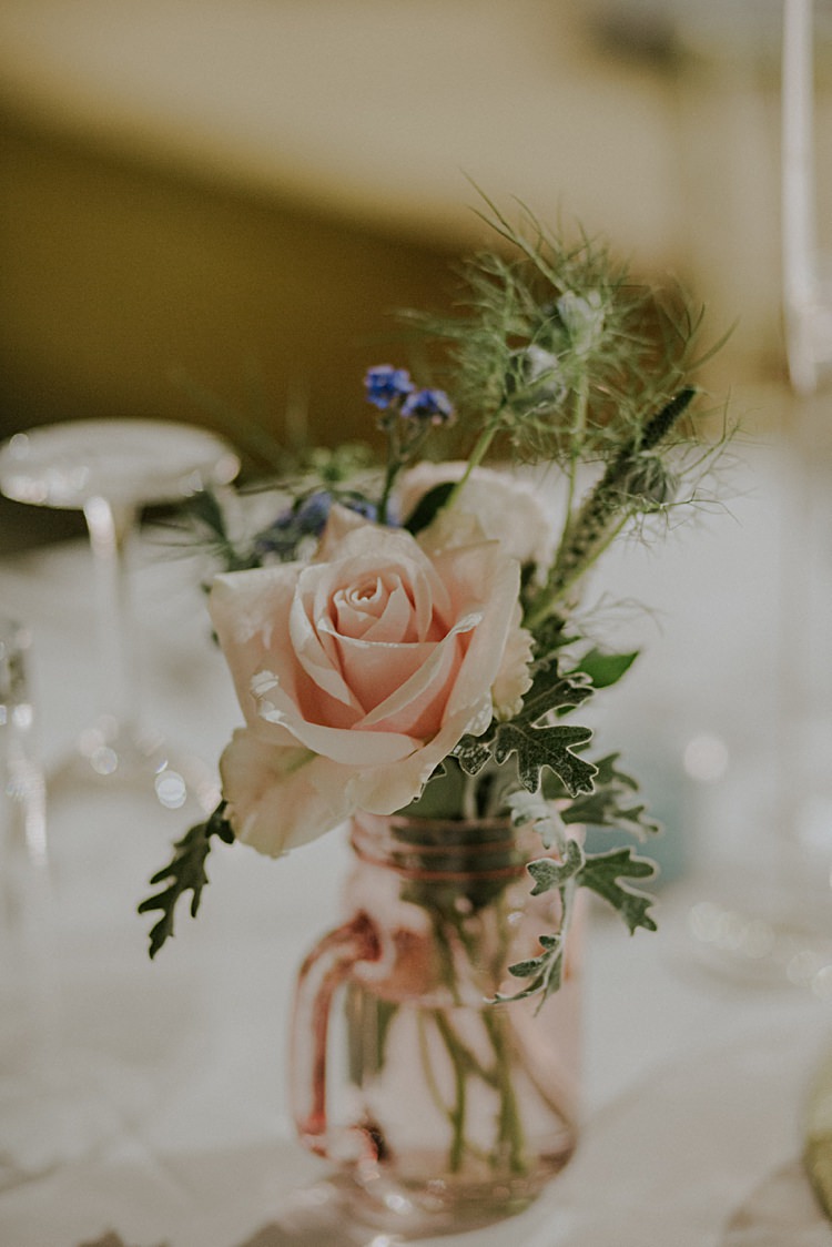 Jar Flowers Rose Pink Pastel Pretty Pale Blue Gold Fairy Lit Barn Wedding http://lolarosephotography.com/