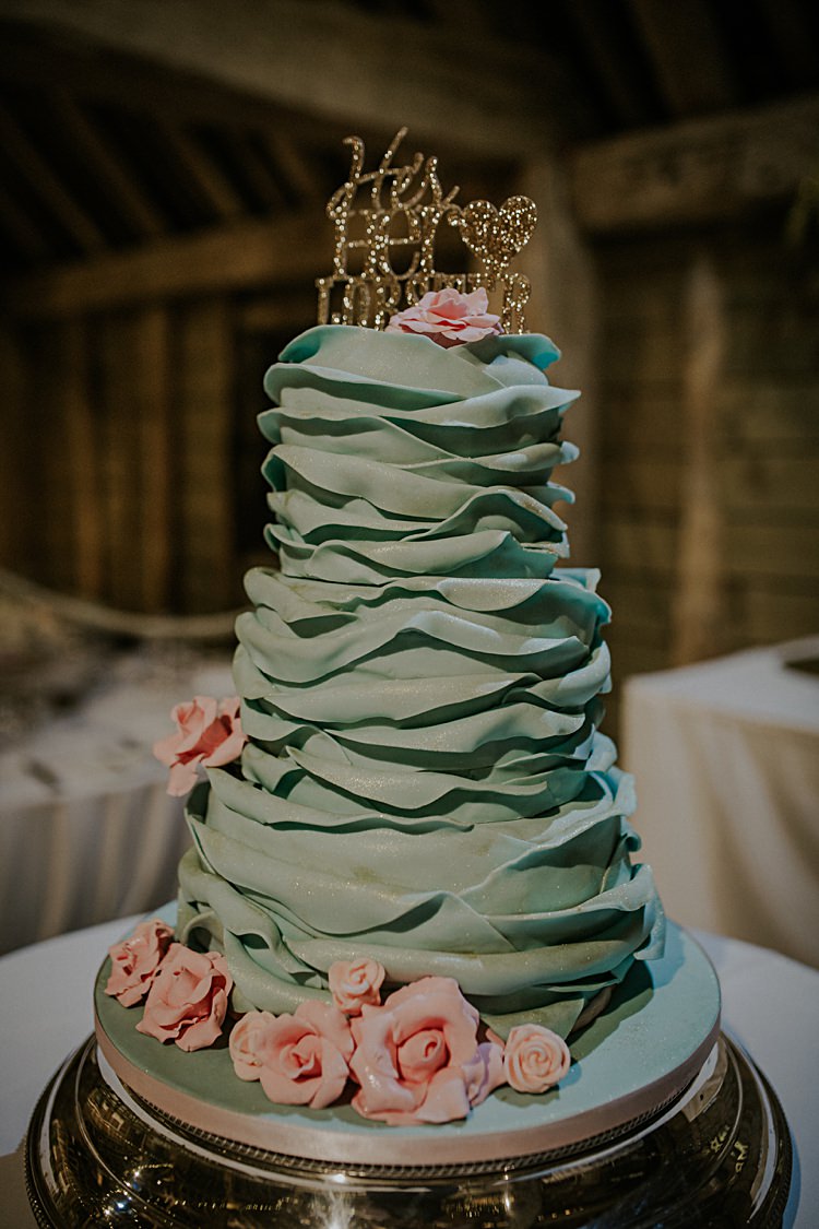 Ruffle Cake Pretty Pale Blue Gold Fairy Lit Barn Wedding http://lolarosephotography.com/ 