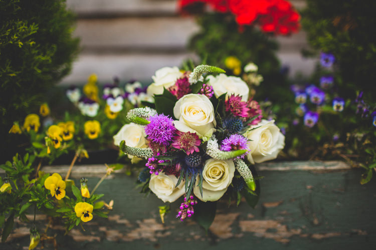 Purple White Bouquet Roses Thistle Bride Bridal Flowers Rustic Tipi Farm Wedding http://aniaames.co.uk/