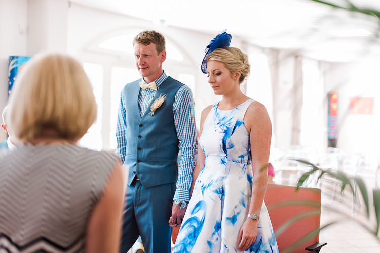 Civil Ceremony Groom Blue Checked Shirt Vest Pants Cream Bowtie Bride White Blue Dress Hairpiece St Tropez Destination Wedding http://www.gemmamcauleyphotography.com/