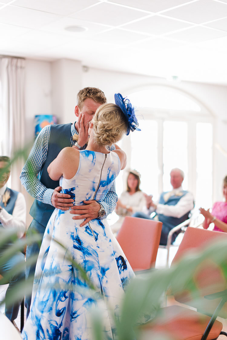 Civil Ceremony Groom Blue Checked Shirt Vest Pants Cream Bowtie Bride White Blue Dress Hairpiece Kiss St Tropez Destination Wedding http://www.gemmamcauleyphotography.com/