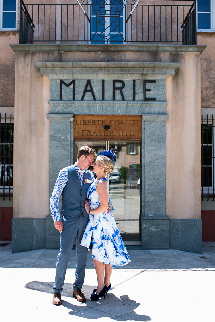 Groom Blue Checked Shirt Vest Pants Cream Bowtie Bride White Blue Dress Heels Hairpiece Historic Building St Tropez Destination Wedding http://www.gemmamcauleyphotography.com/