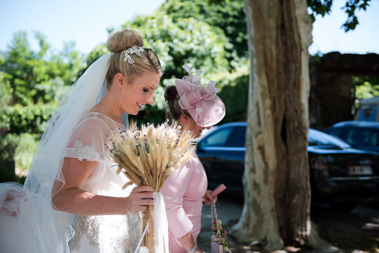 Bride Beaded Sleeved Enzoani Bridal Gown Veil Hairpiece Bouquet Straw Lavender Trees St Tropez Destination Wedding http://www.gemmamcauleyphotography.com/