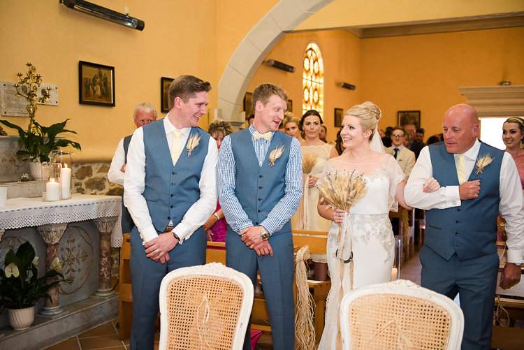 Church Ceremony Groom Blue Checked Shirt Vest Pants Cream Bowtie Bride Beaded Sleeved Enzoani Bridal Gown Bouquet Dad St Tropez Destination Wedding http://www.gemmamcauleyphotography.com/