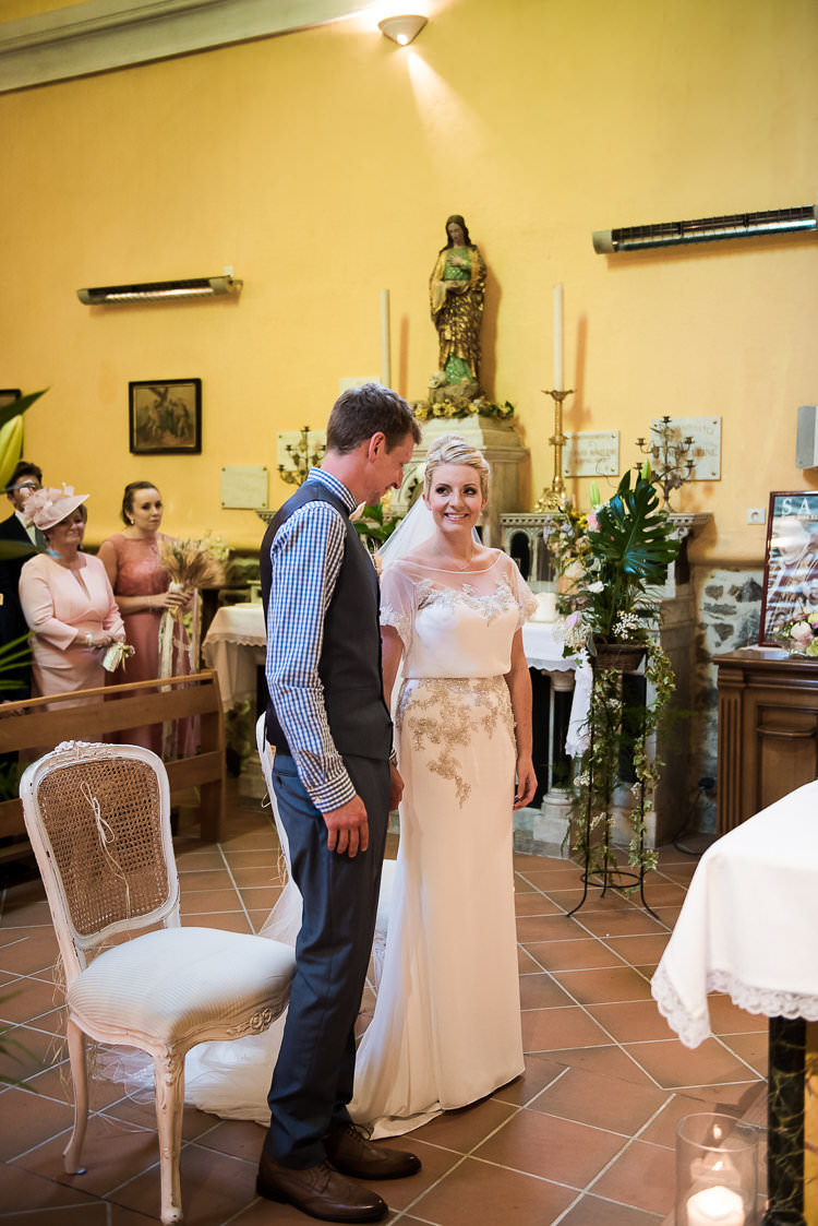 Church Ceremony Groom Blue Next Checked Shirt Vest Pants Bride Beaded Sleeved Enzoani Bridal Gown St Tropez Destination Wedding http://www.gemmamcauleyphotography.com/