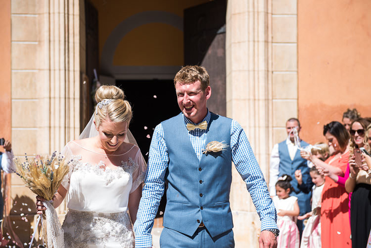 Groom Blue Next Checked Shirt Vest Pants Bride Beaded Sleeved Enzoani Bridal Gown Veil Bouquet Straw Lavender St Tropez Destination Wedding http://www.gemmamcauleyphotography.com/