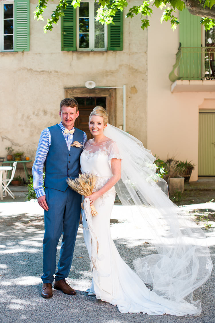 Groom Blue Next Checked Shirt Vest Pants Cream Bowtie Bride Beaded Sleeved Enzoani Bridal Gown Veil Bouquet Straw Lavender St Tropez Destination Wedding http://www.gemmamcauleyphotography.com/