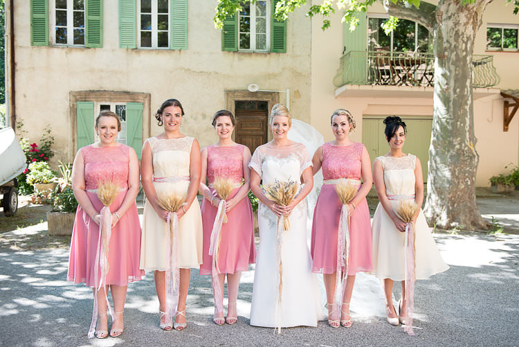 Bride Beaded Sleeved Enzoani Bridal Gown Veil Bridesmaids Pink Yellow Dresses Straw Bouquets Burlap Lace Ribbon St Tropez Destination Wedding http://www.gemmamcauleyphotography.com/
