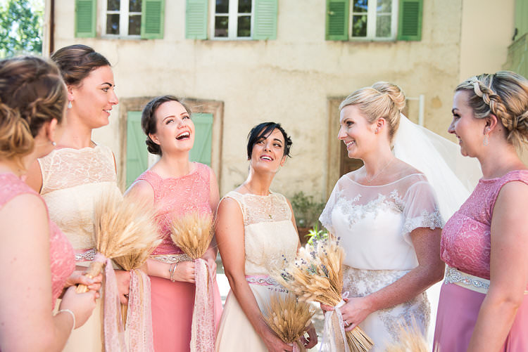 Bride Beaded Sleeved Enzoani Bridal Gown Veil Bridesmaids Pink Yellow Dresses Straw Bouquets Burlap Lace Ribbon St Tropez Destination Wedding http://www.gemmamcauleyphotography.com/