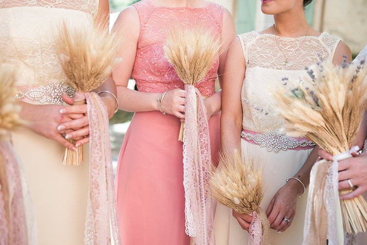 Bridesmaids Pink Yellow Dresses Embellished Sash Straw Bouquets Burlap Lace Ribbon St Tropez Destination Wedding http://www.gemmamcauleyphotography.com/