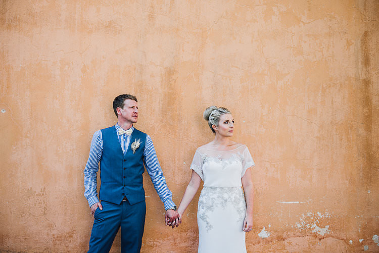 Groom Blue Next Checked Shirt Vest Pants Cream Bowtie Bride Beaded Sleeved Enzoani Bridal Gown Bun Hairpiece St Tropez Destination Wedding http://www.gemmamcauleyphotography.com/