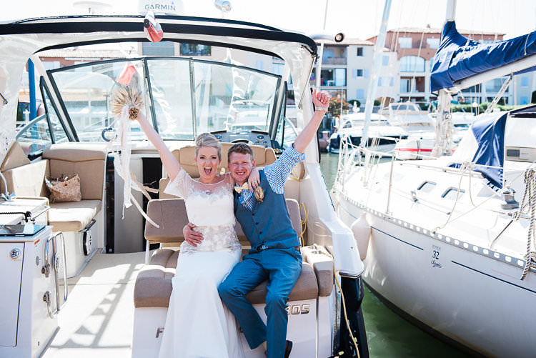 Boat Marina Groom Blue Next Checked Shirt Vest Pants Cream Bowtie Bride Beaded Sleeved Enzoani Bridal Gown Bouquet Straw Lavender Ribbon St Tropez Destination Wedding http://www.gemmamcauleyphotography.com/
