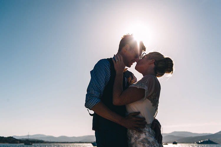 Groom Blue Next Checked Shirt Vest Pants Cream Bowtie Bride Beaded Sleeved Enzoani Bridal Gown Bun Sunglasses St Tropez Destination Wedding http://www.gemmamcauleyphotography.com/