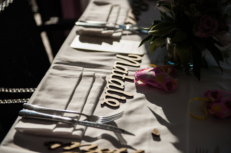 Reception Table Setting Wooden Name Sign Floral Centrepiece Pink Heart St Tropez Destination Wedding http://www.gemmamcauleyphotography.com/