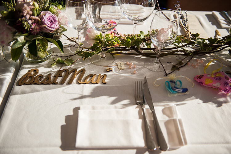Reception Table Settings Wooden Sign Pink White Green Floral Centrepiece Pink Heart St Tropez Destination Wedding http://www.gemmamcauleyphotography.com/