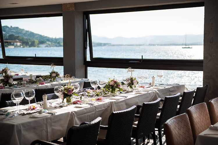 Reception Table Settings Wooden Sign Pink White Green Floral Centrepiece Water View St Tropez Destination Wedding http://www.gemmamcauleyphotography.com/