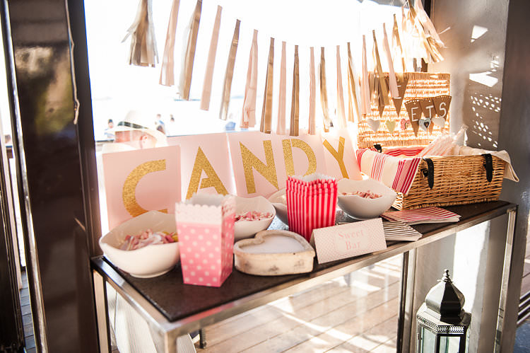 Reception Candy Bar Pink Gold Bunting Ribbon Sign Lollies St Tropez Destination Wedding http://www.gemmamcauleyphotography.com/