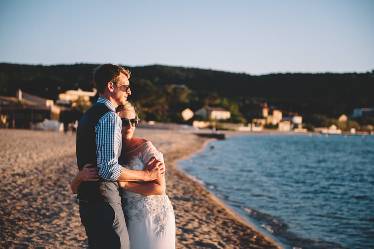 Beach Groom Blue Next Checked Shirt Vest Pants Bride Beaded Sleeved Enzoani Bridal Gown Sunglasses St Tropez Destination Wedding http://www.gemmamcauleyphotography.com/