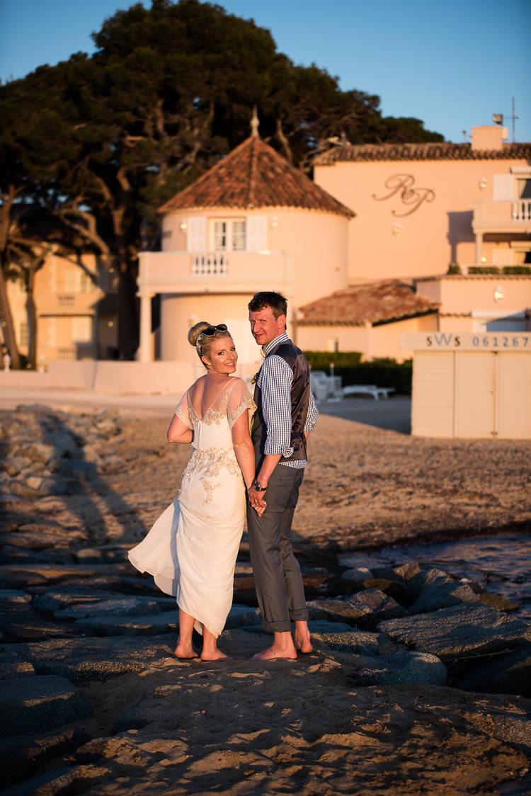 Beach Groom Blue Next Checked Shirt Vest Pants Bride Beaded Sleeved Enzoani Bridal Gown Sunglasses St Tropez Destination Wedding http://www.gemmamcauleyphotography.com/