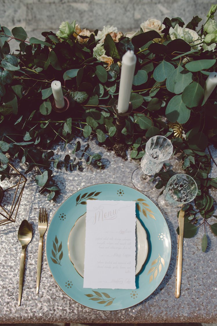 Table Setting Champagne Sequin Tablecloth Gold Cutlery Light Blue Plate Stationery Menu Cream Blush Roses Greenery Flowers Candlesticks Breathtaking Lake Como Wedding Ideas http://lillyred.it/