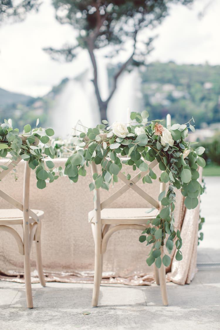 Table Setting Cream Blush Roses Greenery Flowers Decorated Chairs Champagne Sequin Tablecloth Water Fountain Trees Breathtaking Lake Como Wedding Ideas http://lillyred.it/