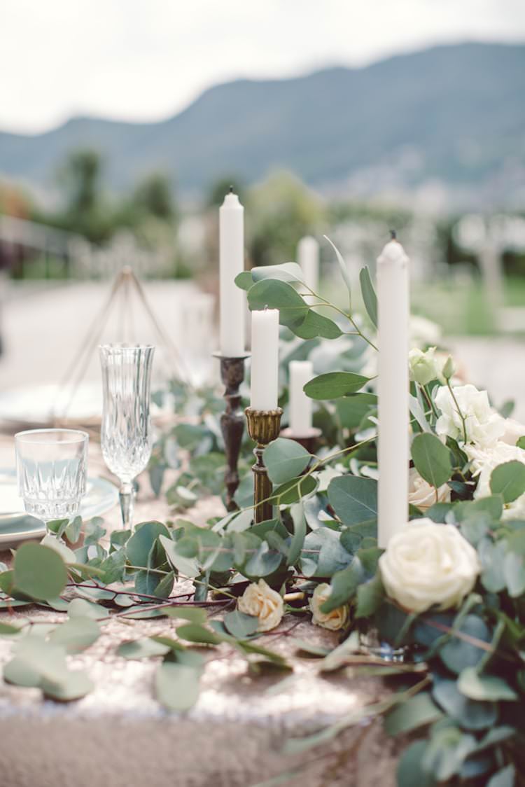Table Setting Champagne Sequin Tablecloth Cream Blush Roses Greenery Flowers Gold Prism Candlesticks Mountain View Breathtaking Lake Como Wedding Ideas http://lillyred.it/