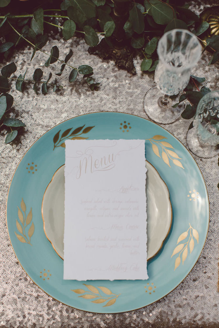 Table Setting Champagne Sequin Tablecloth Light Blue Gold Plate Menu Stationery Greenery Glasses Breathtaking Lake Como Wedding Ideas http://lillyred.it/