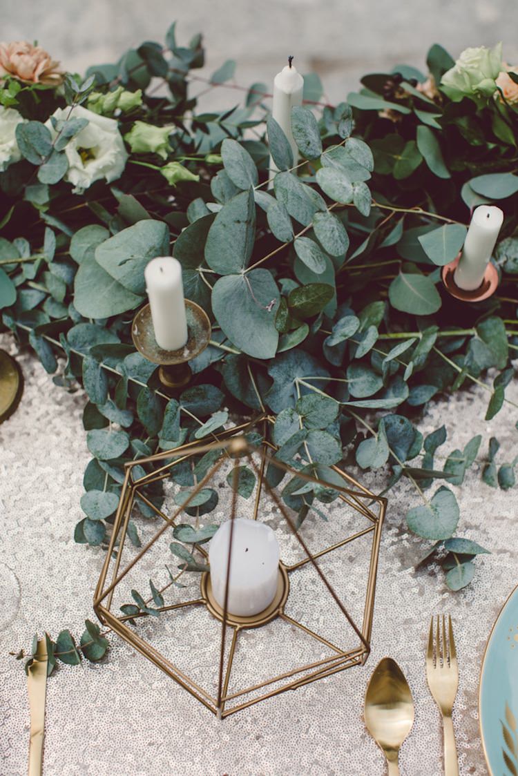 Table Setting Champagne Sequin Tablecloth Gold Prism Candle Holder Cream Blush Roses Greenery Flowers Gold Cutlery Light Blue Plate Breathtaking Lake Como Wedding Ideas http://lillyred.it/