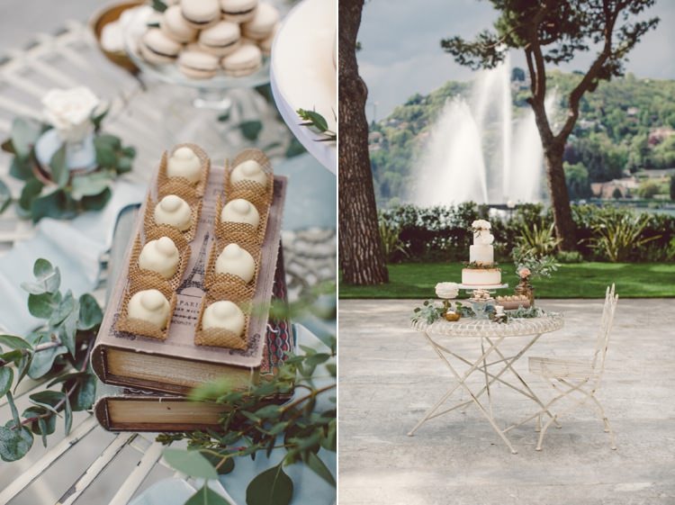 Dessert Table Gold Cream Blue Wedding Cake Sweet Treats Vintage Books Greenery Roses Water Fountain Trees Breathtaking Lake Como Wedding Ideas http://lillyred.it/