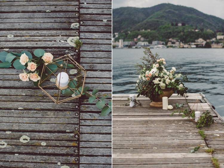 Outdoor Ceremony Idea Pier Lake Flowers Cream Blush Roses Greenery Gold Prism Candle Holder Breathtaking Lake Como Wedding Ideas http://lillyred.it/