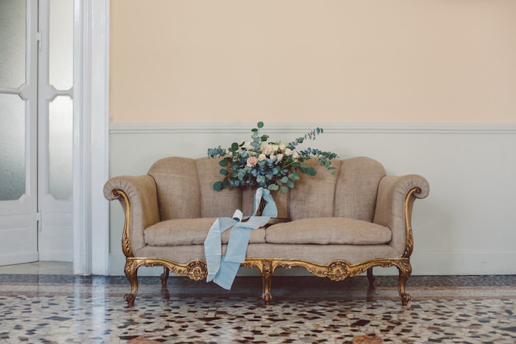 Bridal Bouquet Flowers Cream Blush Roses Eucalyptus Blue Velvet Ribbon Vintage Chair Gold Breathtaking Lake Como Wedding Ideas http://lillyred.it/
