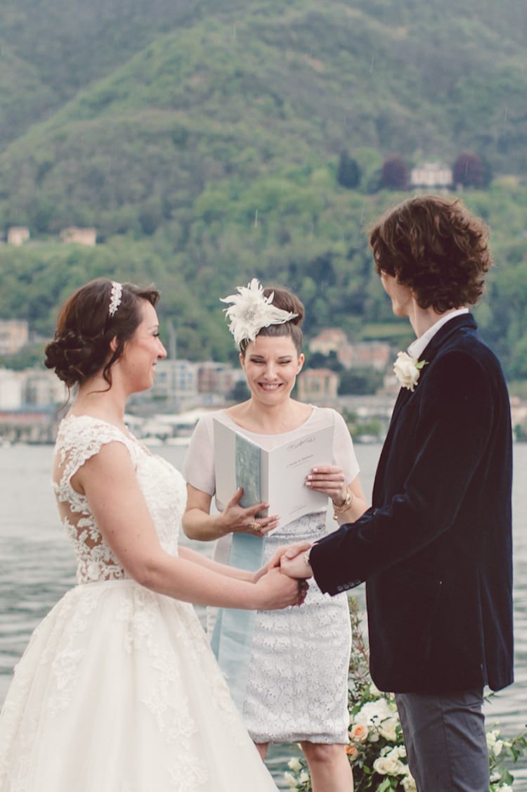 Outdoor Ceremony Idea Pier Lake Bride Groom Officiant Flowers Candles Mountain Views Breathtaking Lake Como Wedding Ideas http://lillyred.it/