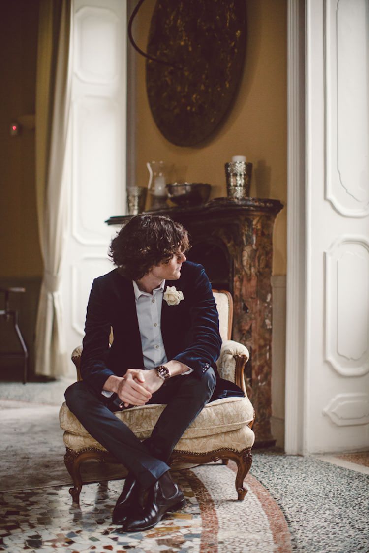 Groom Navy Blue Velvet Jacket Pants White Shirt Rose Button Hole Vintage Furniture Breathtaking Lake Como Wedding Ideas http://lillyred.it/