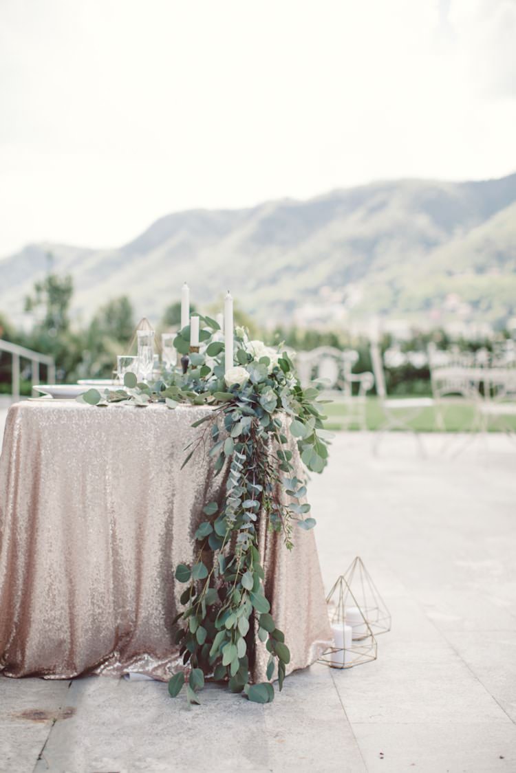 Table Setting Champagne Sequin Tablecloth Cream Blush Roses Greenery Flowers Gold Prism Candlesticks Mountain View Vila Geno Venue Breathtaking Lake Como Wedding Ideas http://lillyred.it/