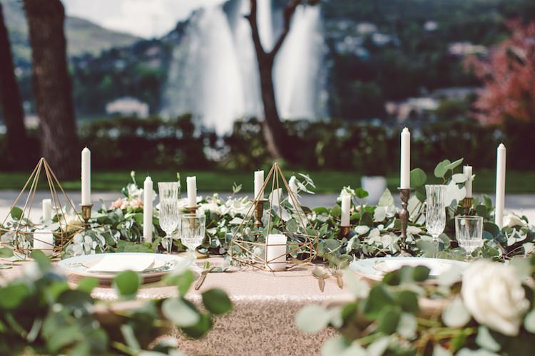 Table Setting Champagne Sequin Tablecloth Gold Prism Candle Holder Candlesticks Cream Blush Roses Greenery Water Fountain Trees Breathtaking Lake Como Wedding Ideas http://lillyred.it/