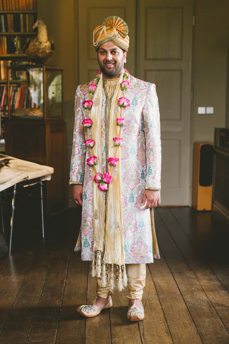 Groom Sherwani Gold Pink Indian Glamour English Countryside Chic Wedding http://www.jayrowden.com/