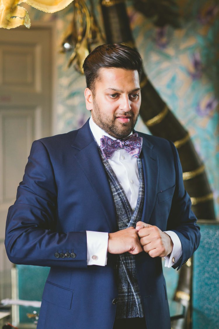 Groom Blue Suit Check Waistcoat Bow Tie Indian Glamour English Countryside Chic Wedding http://www.jayrowden.com/