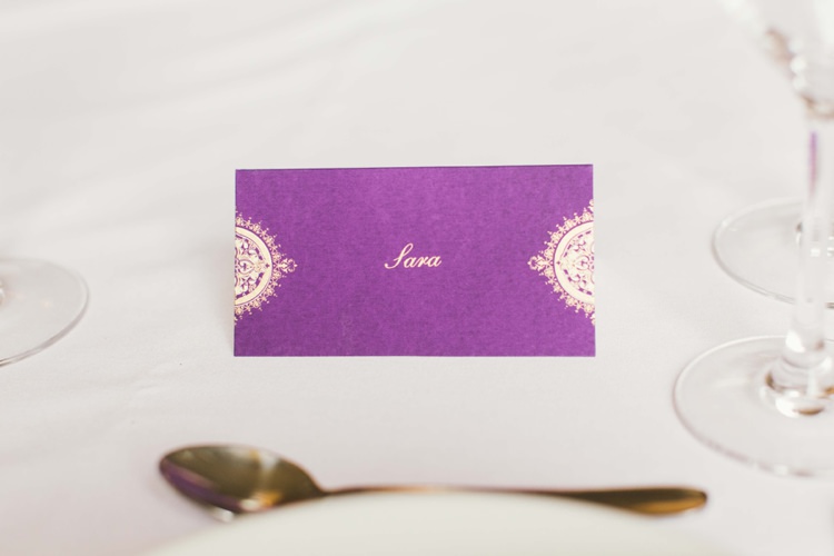Purple Gold Place Name Card Indian Glamour English Countryside Chic Wedding http://www.jayrowden.com/