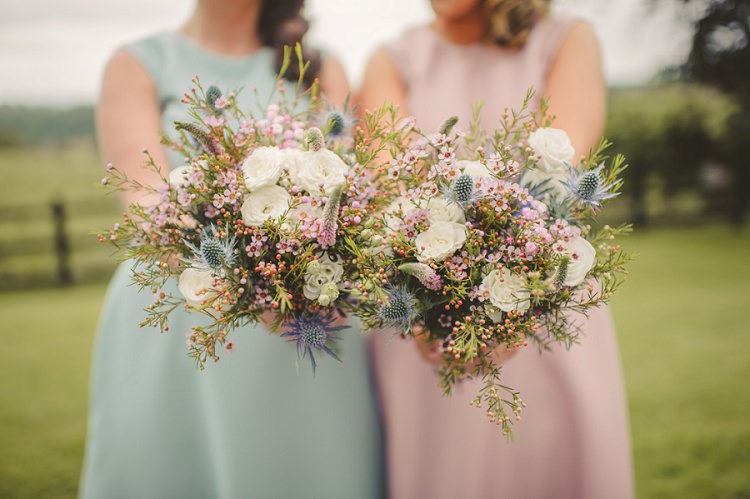 Pastel Bridesmaid Bouquets Flowers Thistle Wax Rose Quirky DIY Mill Wedding http://www.deniseleacockphotography.com/