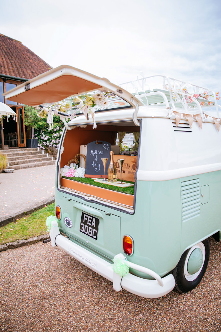 VW Camper Van Peaches Mint Stylish Floral Wedding http://www.sarahleggephotography.co.uk/