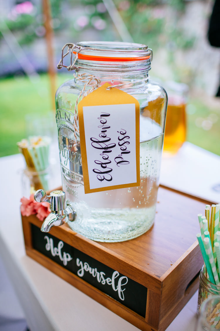 Drink Dispenser Elderflower Peaches Mint Stylish Floral Wedding http://www.sarahleggephotography.co.uk/