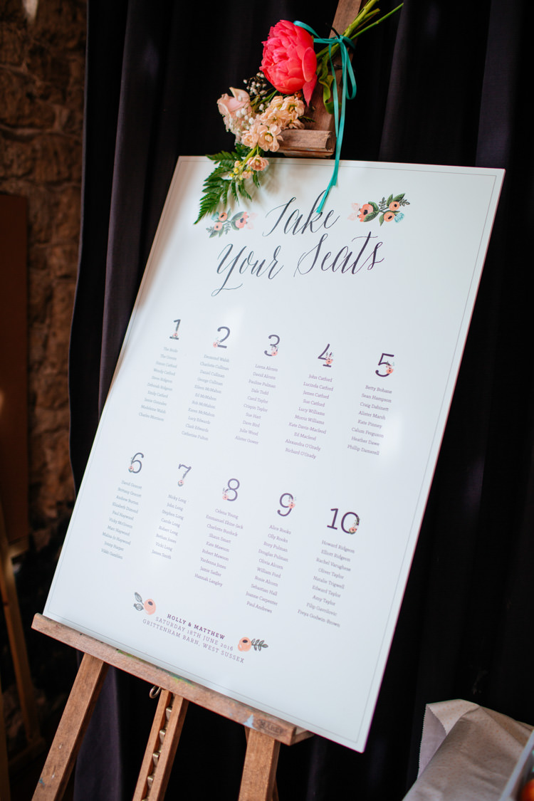 Seating Plan Table Chart Floral Flower Peaches Mint Stylish Floral Wedding http://www.sarahleggephotography.co.uk/