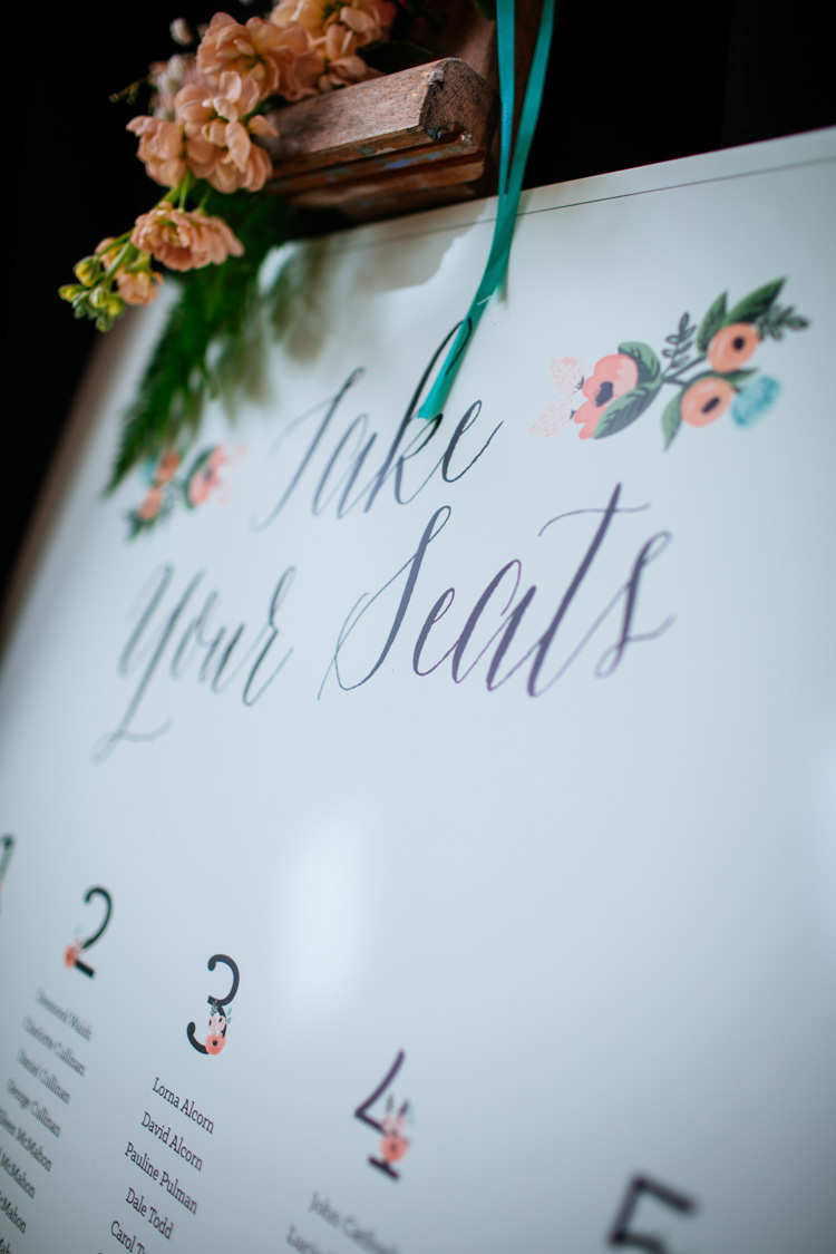 Seating Plan Table Chart Floral Flower Peaches Mint Stylish Floral Wedding http://www.sarahleggephotography.co.uk/